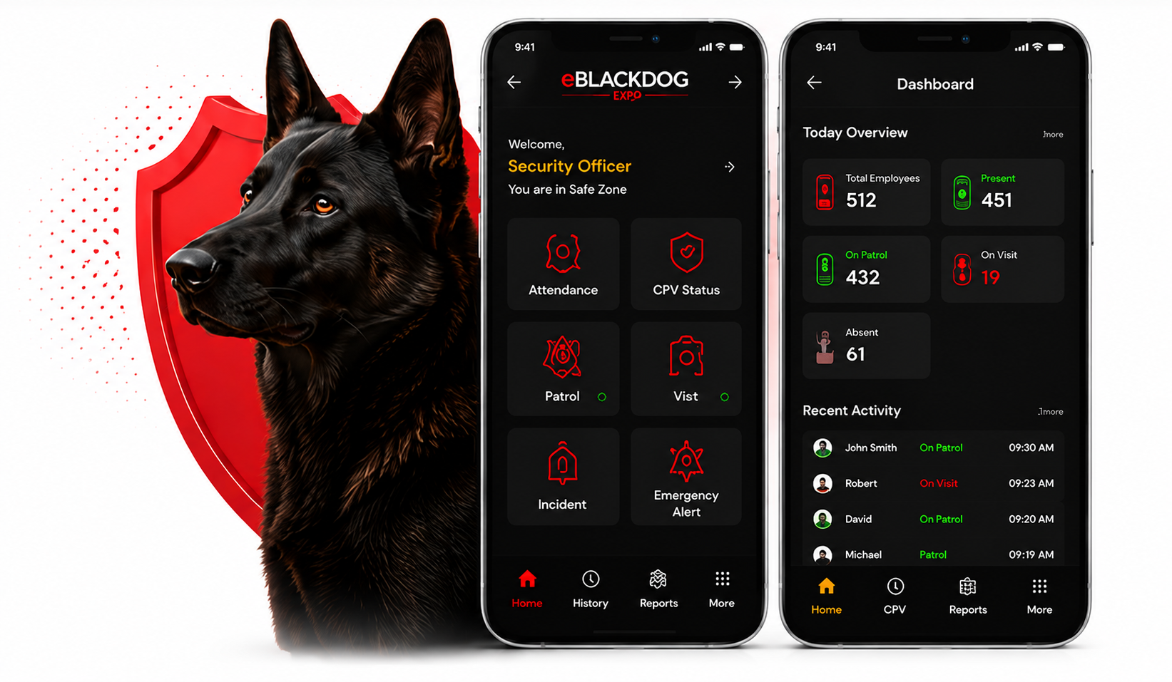 eBLACKDOG ERP mobile app showing attendance, CPV status, and workforce dashboard screens